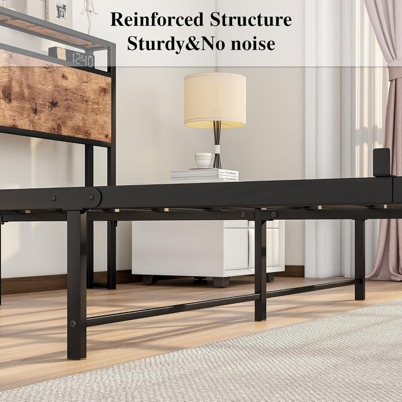Bed Frame with Storage Headboard Rustic