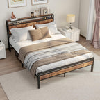 Bed Frame with Storage Wooden Headboard Shelf Metal