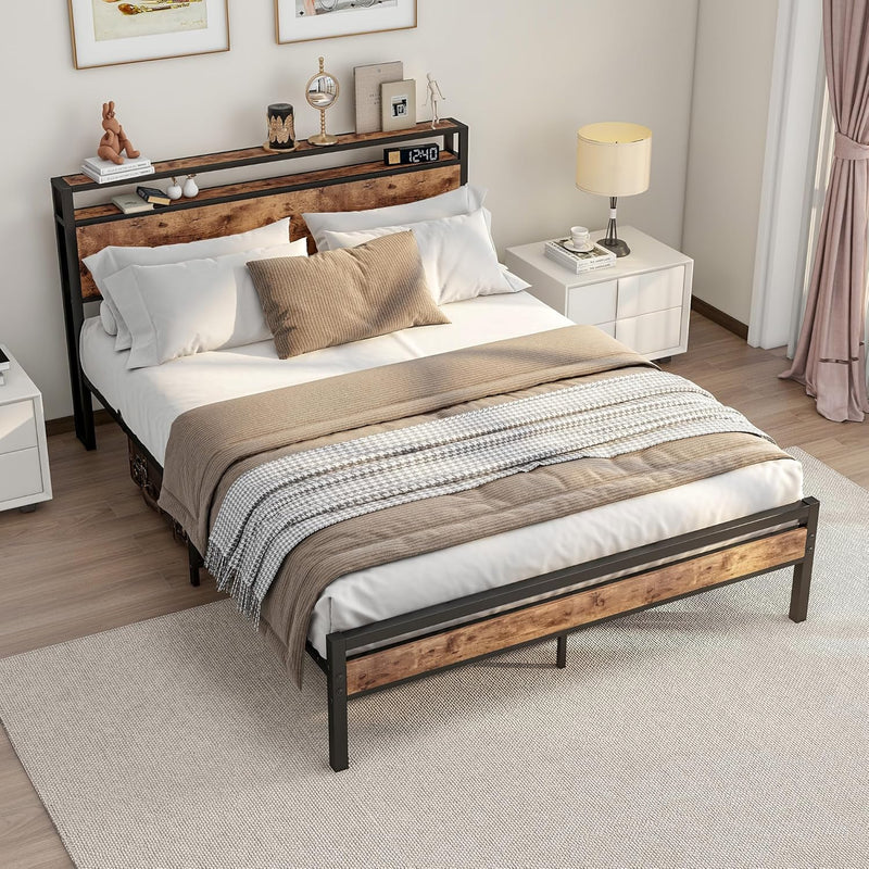 Bed Frame with Storage Headboard Rustic
