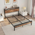 Bed Frame with Storage Wooden Headboard Shelf Metal