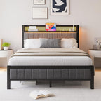 Bed Frame with Upholstered Headboard Wooden Storage Shelf
