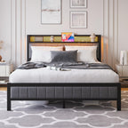 Bed Frame with Upholstered Headboard Wooden Storage Shelf
