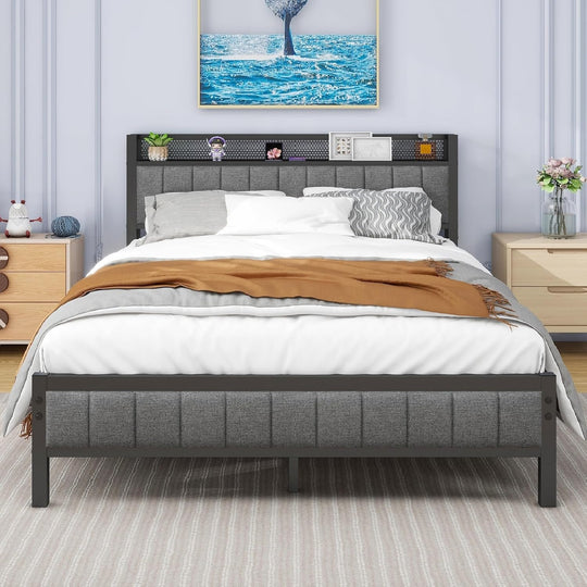 Bed Frame with Upholstered Headboard Wooden Storage Shelf