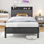 Bed Frame with Upholstered Headboard Wooden Storage Shelf