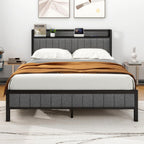 Bed Frame with Upholstered Headboard Wooden Storage Shelf