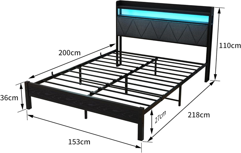 Bed Frame with Upholstered Wooden Storage Headboard LED