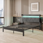 Bed Frame with Upholstered Wooden Storage Headboard LED