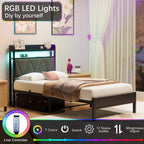 Bed Frame with Upholstered Wooden Storage Headboard LED