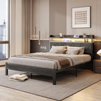 Bed Frame with Upholstered Wooden Storage Headboard LED