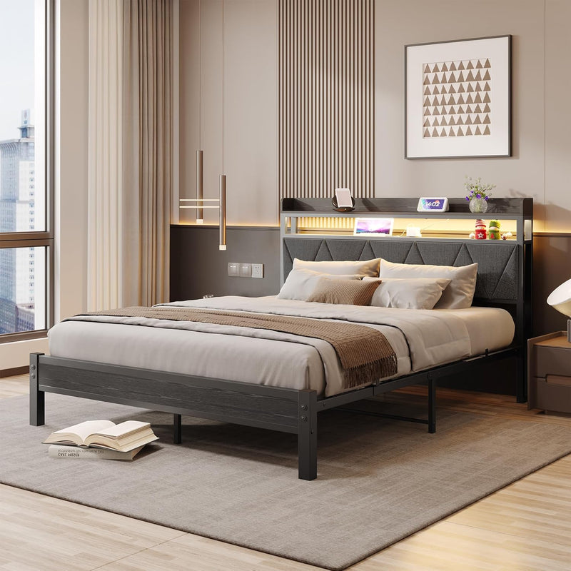 Bed Frame with Upholstered Wooden Storage Headboard LED