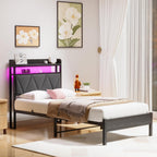 Bed Frame with Upholstered Wooden Storage Headboard LED