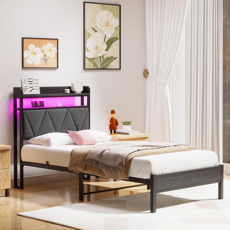 Bed Frame with Upholstered Wooden Storage Headboard LED