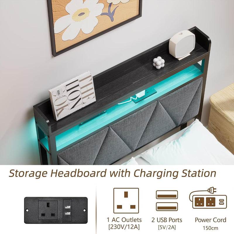 Bed Frame with Upholstered Wooden Storage Headboard LED