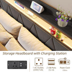 Bed Frame with Upholstered Wooden Storage Headboard LED