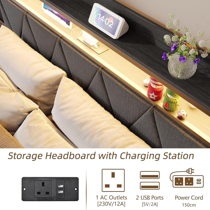 Bed Frame with Upholstered Wooden Storage Headboard LED