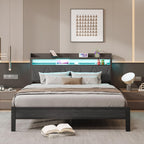 Bed Frame with Upholstered Wooden Storage Headboard LED