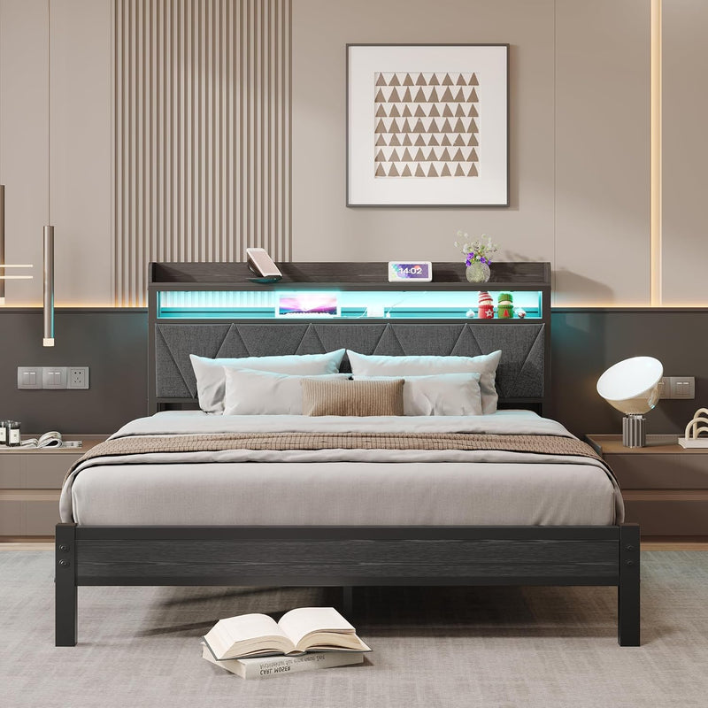Bed Frame with Upholstered Wooden Storage Headboard LED