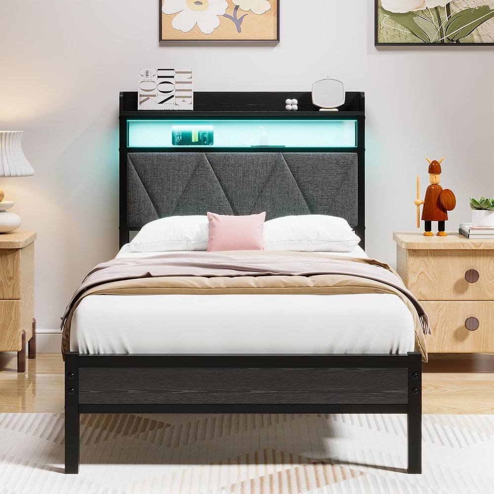 Bed Frame with Upholstered Wooden Storage Headboard LED