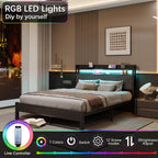Bed Frame with Upholstered Wooden Storage Headboard LED