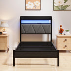 Bed Frame with Upholstered Wooden Storage Headboard LED