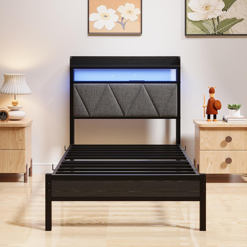 Bed Frame with Upholstered Wooden Storage Headboard LED