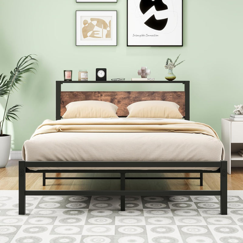Bed Frame with Wood Storage Headboard