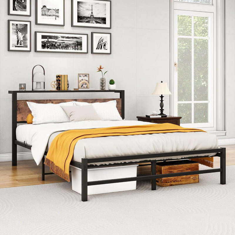 Bed Frame with Wood Storage Headboard