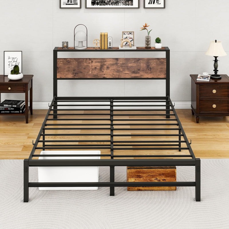 Bed Frame with Wood Storage Headboard