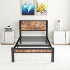Bed Frame with Wood Storage Headboard Metal Platform