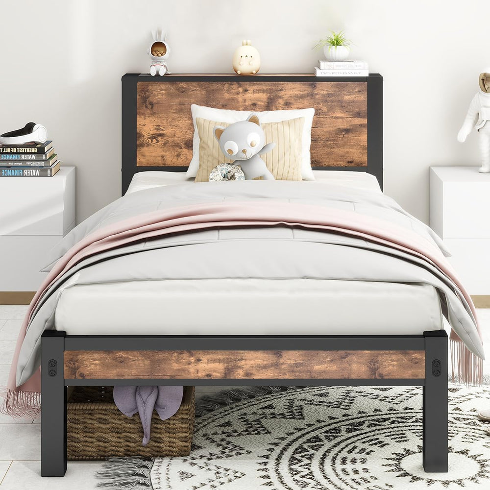 Bed Frame with Wood Storage Headboard Metal Platform