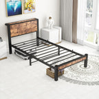 Bed Frame with Wood Storage Headboard Metal Platform