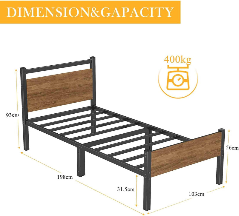 Bed Frame with Wooden Headboard 31.5CM Metal Platform