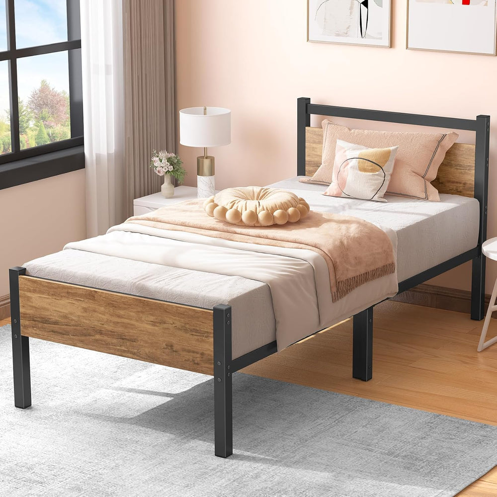 Bed Frame with Wooden Headboard 31.5CM Metal Platform