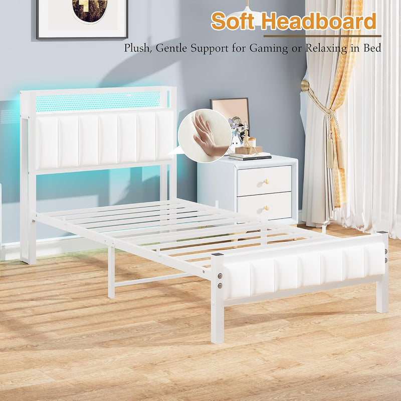 Bed Frame with Wooden Storage Headboard Shelf Upholstered