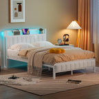 Bed Frame with Wooden Storage Headboard Shelf Upholstered
