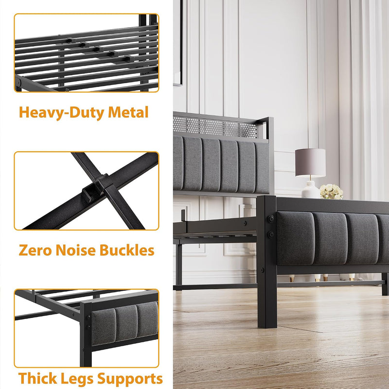 Bed Frame with Wooden Storage Headboard Shelf Upholstered