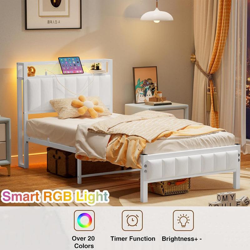 Bed Frame with Wooden Storage Headboard Shelf Upholstered