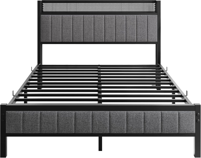 Bed Frame with Wooden Storage Headboard Shelf Upholstered