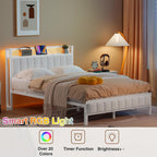 Bed Frame with Wooden Storage Headboard Shelf Upholstered