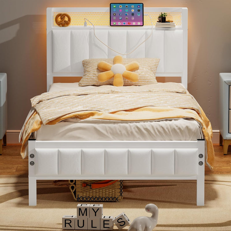 Bed Frame with Wooden Storage Headboard Shelf Upholstered