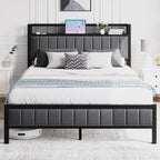 Bed Frame with Wooden Storage Headboard Shelf Upholstered