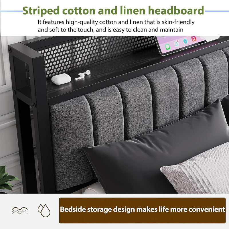 Bed Frame with Wooden Storage Headboard Shelf Upholstered
