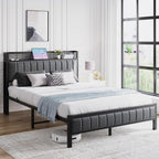 Bed Frame with Wooden Storage Headboard Shelf Upholstered