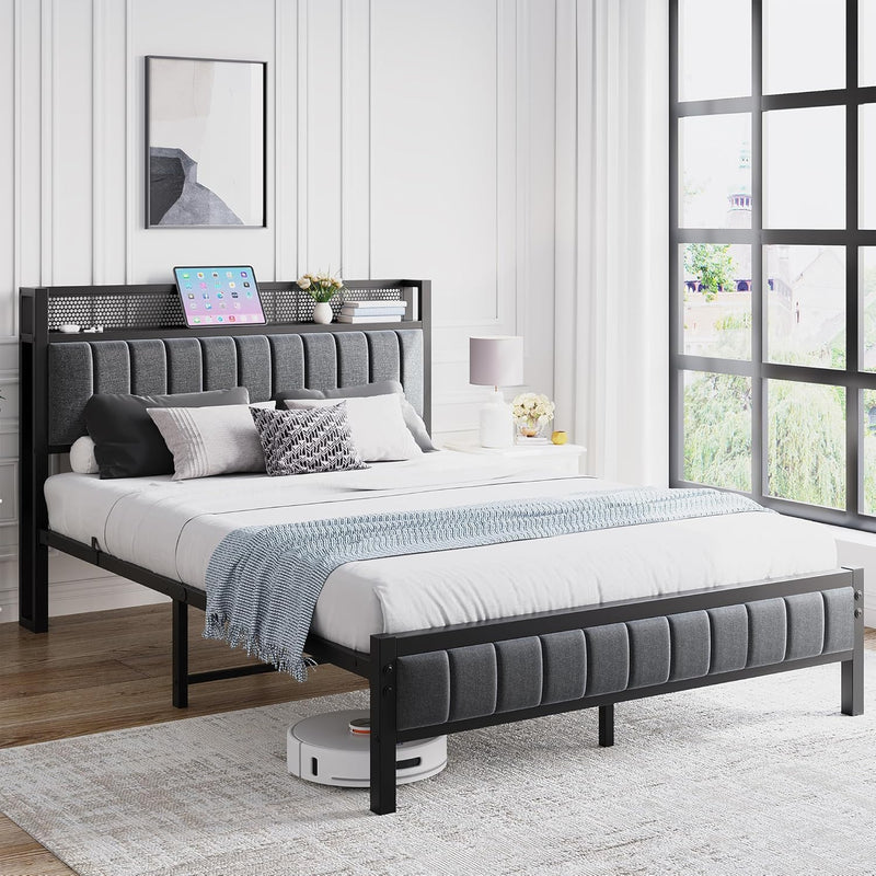 Bed Frame with Wooden Storage Headboard Shelf Upholstered
