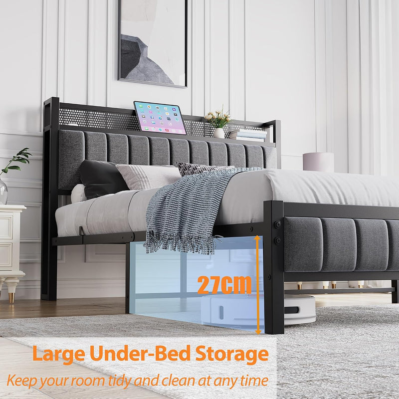 Bed Frame with Wooden Storage Headboard Shelf Upholstered