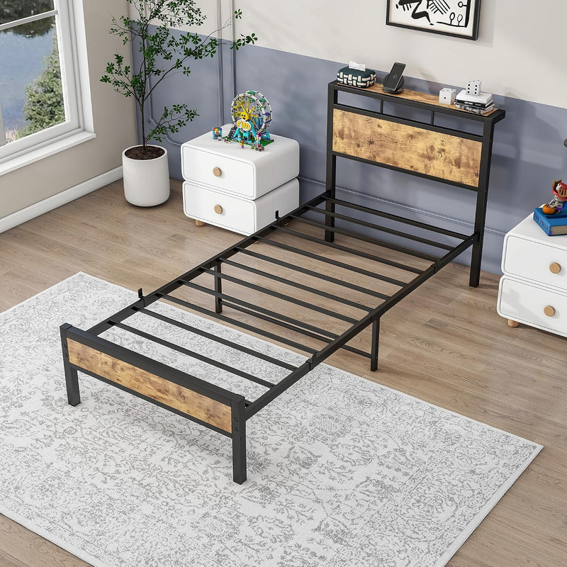 Bed Frame with Wooden Storage Headboard