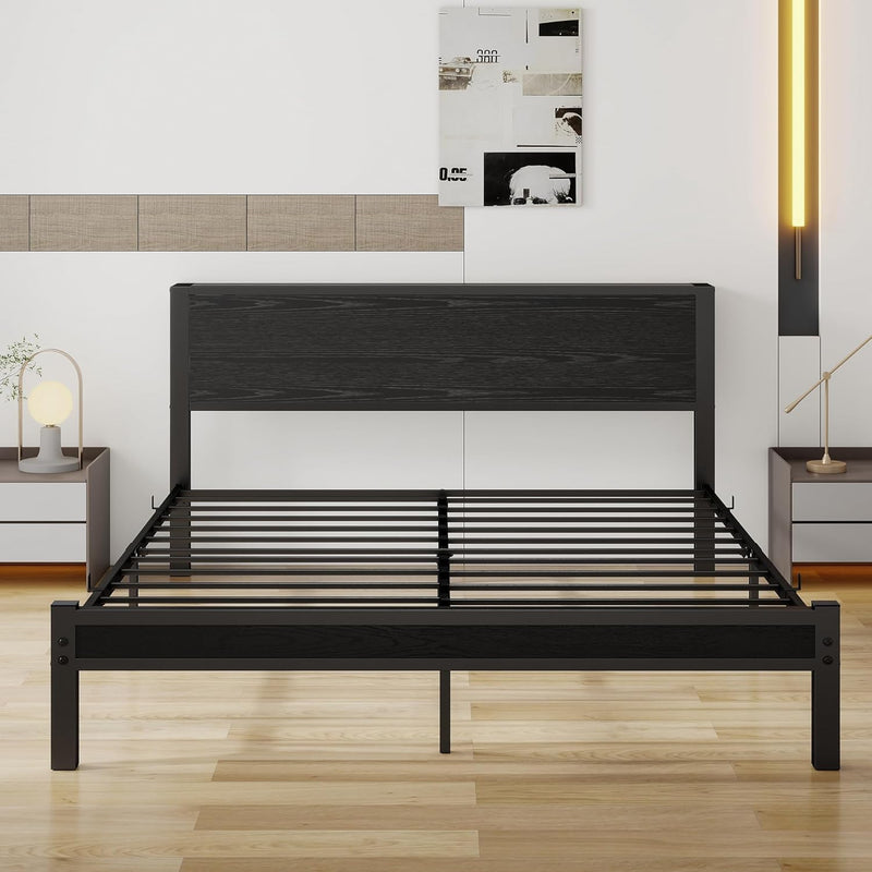 Rustic Bed Frame Storage Wooden Headboard Metal Platform