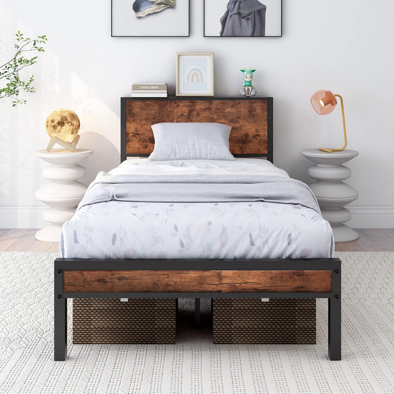 Rustic Bed Frame Storage Wooden Headboard Metal Platform