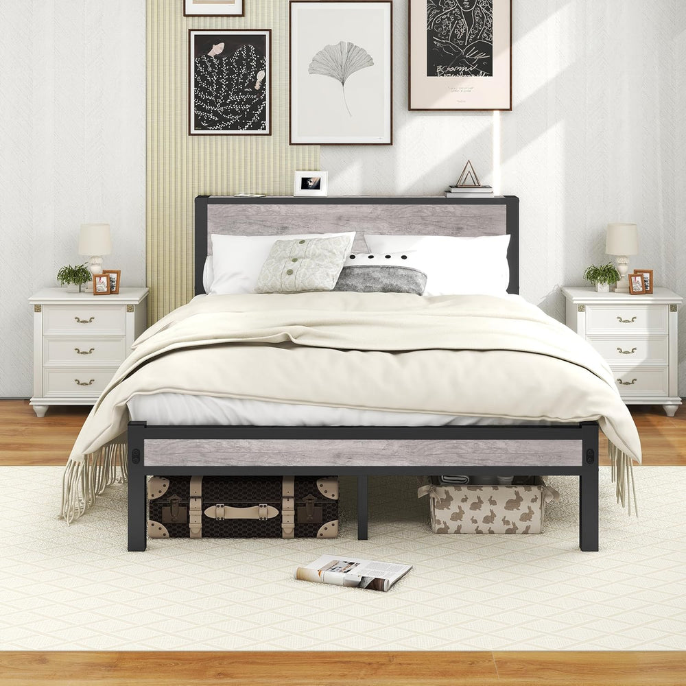 Bed Frames with Wooden Storage Shelf Headboard Metal