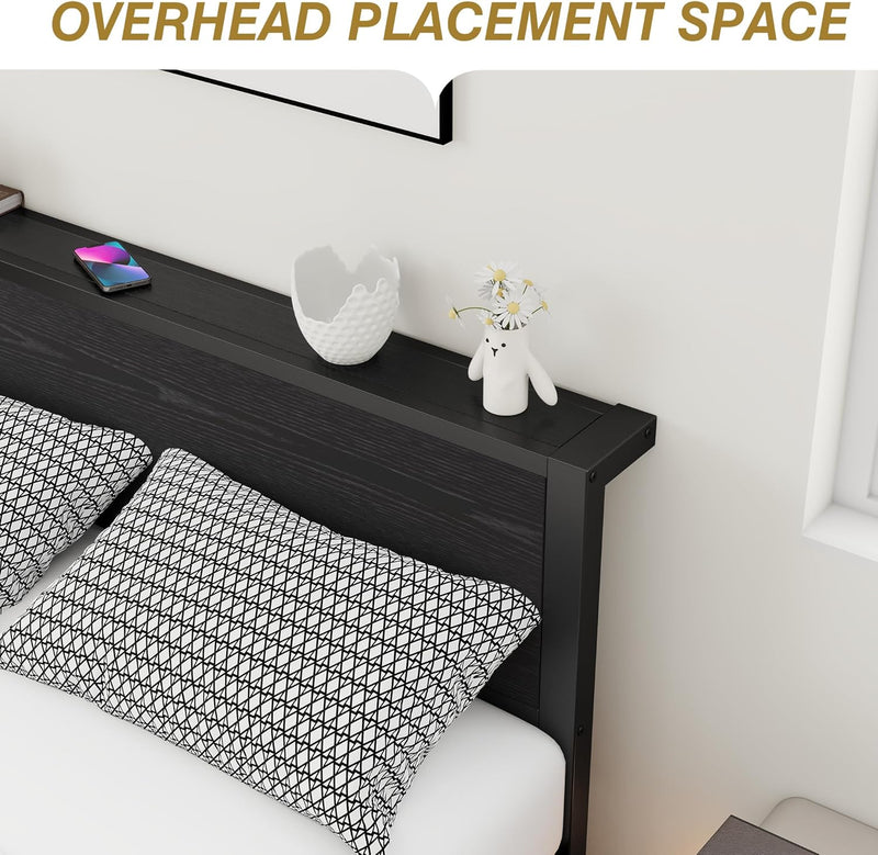 Rustic Bed Frame Storage Wooden Headboard Metal Platform